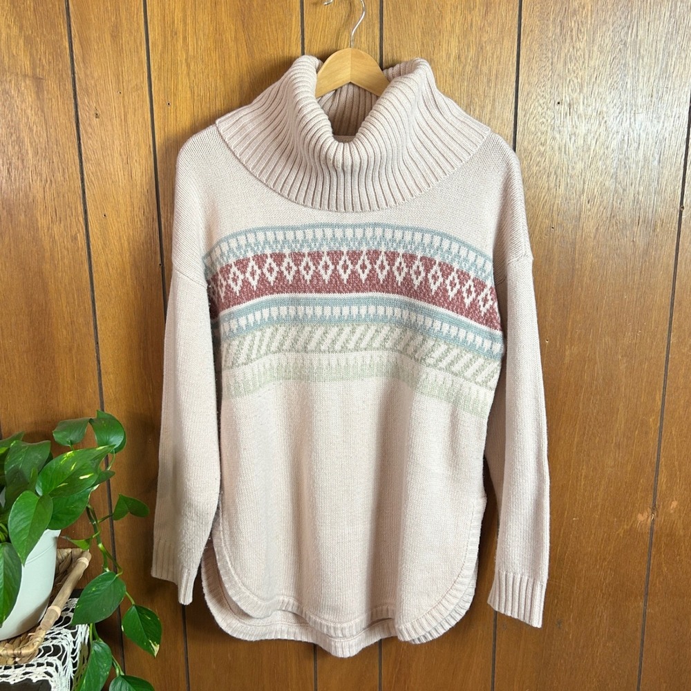 SoHo Jeans Women M Fair Isle Cowl Neck Sweater Pink Beige Blue Green‎